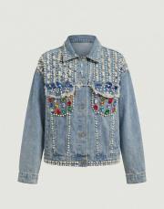 kadın incili kot ceket mavi