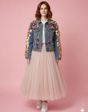 kadın pullu kot ceket mavi 2