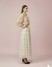 kadın katlı tül etek krem 2