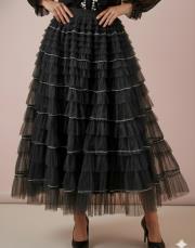 kadın katlı tül etek siyah