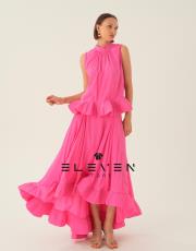 kadın volan detay etekli takım fuşya