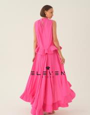 kadın volan detay etekli takım fuşya 3