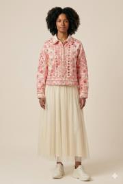 kadın nakışlı ayna detay kot ceket fuşya