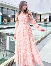 kadın  katlı tül elbise pudra 2