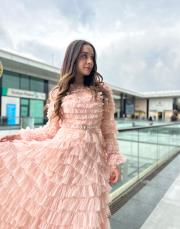 kadın  katlı tül elbise pudra 4