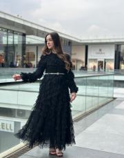 kadın  katlı tül elbise siyah 3