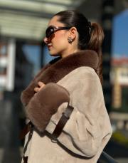 deri detay uzun kürk bej 2