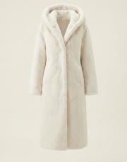 kapişonlu yırtmaç detay  uzun kürk ekru