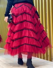 şeritli tül etek ithal kırmızı