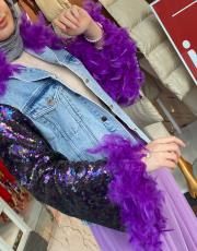 tüy detay kot ceket mavi