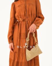 kadın saten boydan düğmeli elbise kahve 3