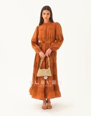 kadın saten boydan düğmeli elbise kahve 4