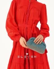 kadın saten boydan düğmeli elbise kırmızı 5