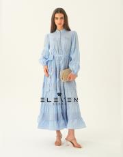 kadın saten boydan düğmeli elbise mavi