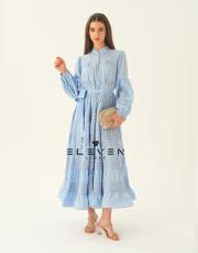 kadın saten boydan düğmeli elbise mavi 3