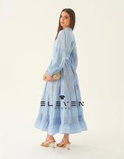 kadın saten boydan düğmeli elbise mavi 4