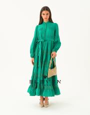 kadın saten boydan düğmeli elbise yeşil