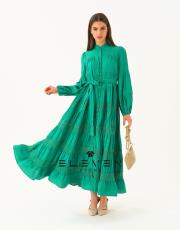 kadın saten boydan düğmeli elbise yeşil 2