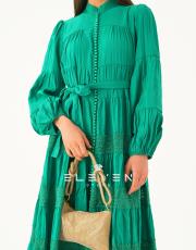 kadın saten boydan düğmeli elbise yeşil 3