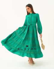 kadın saten boydan düğmeli elbise yeşil 4