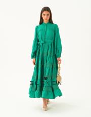 kadın saten boydan düğmeli elbise yeşil 6