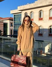 tasarım etekli triko takım bej