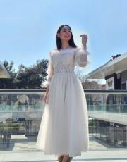 tasarım tüy detay abiye elbise beyaz 9