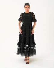 tasarım vintage organze elbise kısa kol siyah